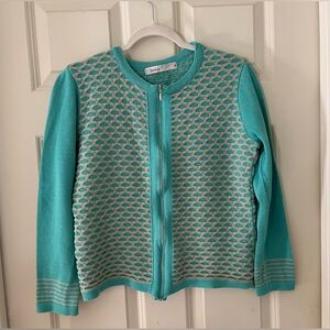 Women’s Skovhuus zip cardigan, turquoise and gray/white geometric design size M